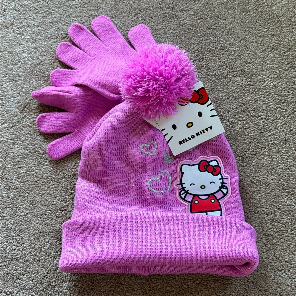 Hello Kitty girls hat and gloves sparkle set NWT
